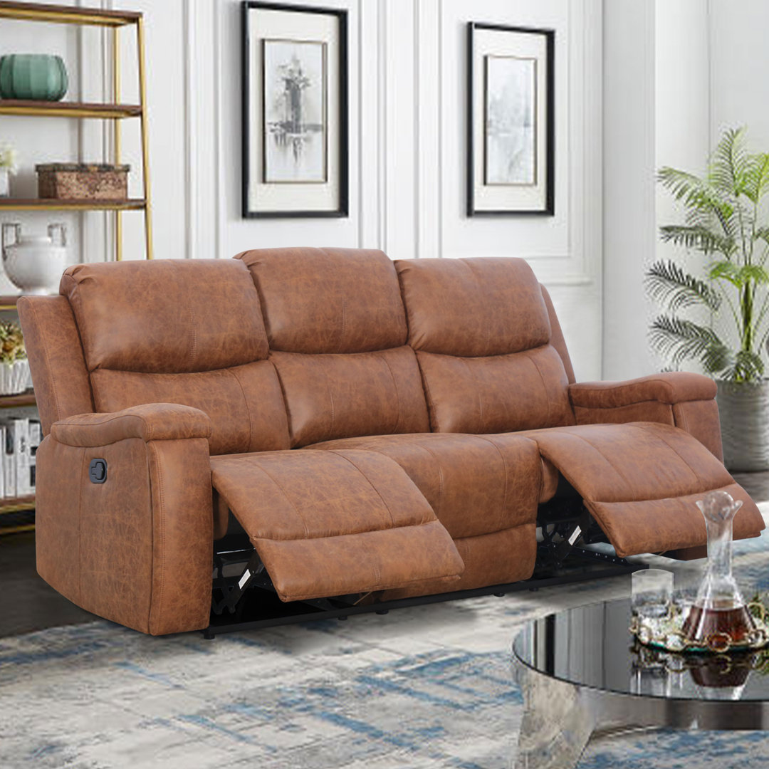 Ilkeston 81.6" Wide Vegan Leather Manual Reclining Sofa, 3-Seater Recliner Couch with Cup Holders